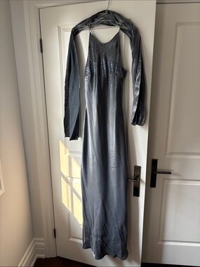 Cachet Slate Gray Satin Maxi Dress with Matching Shawl